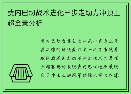费内巴切战术进化三步走助力冲顶土超全景分析 费内巴切战术进化三步走助力冲顶土超全景分析