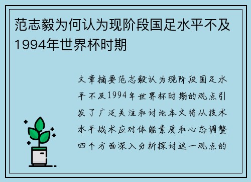 范志毅为何认为现阶段国足水平不及1994年世界杯时期